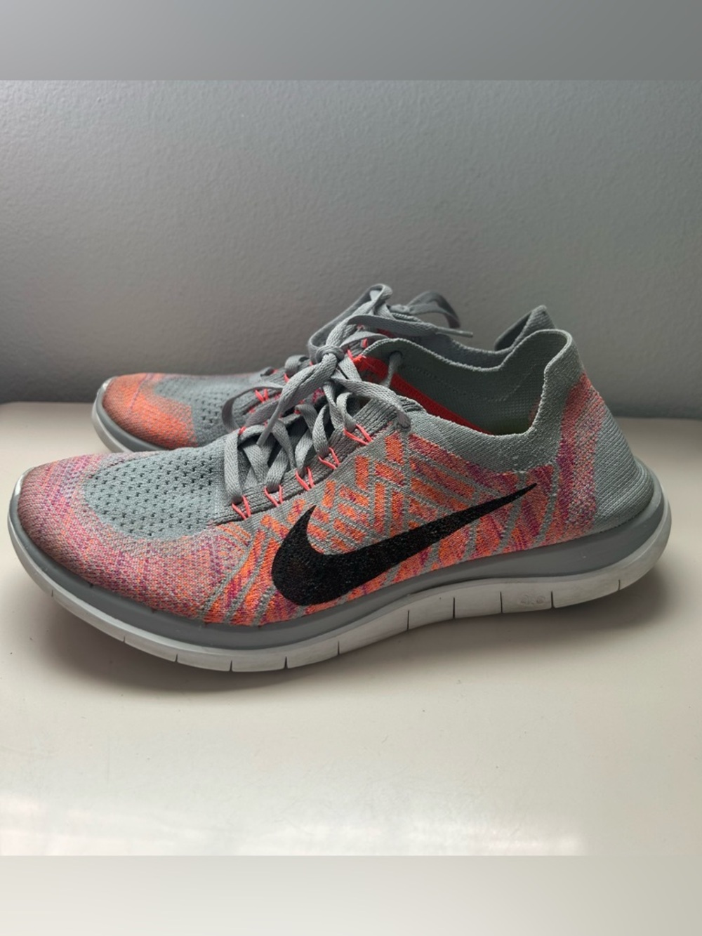 Nike Free 4.0 Flyknit Women's Size 9.5 Running Shoes Gray Pink Orange